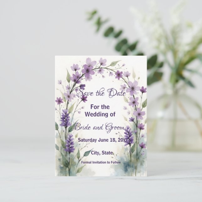 Postal Lavender & Lilac Floral Arch Save the Date (Anverso de pie)