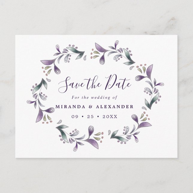 Postal Lavender Save The Date púrpura floral y verde (Anverso)