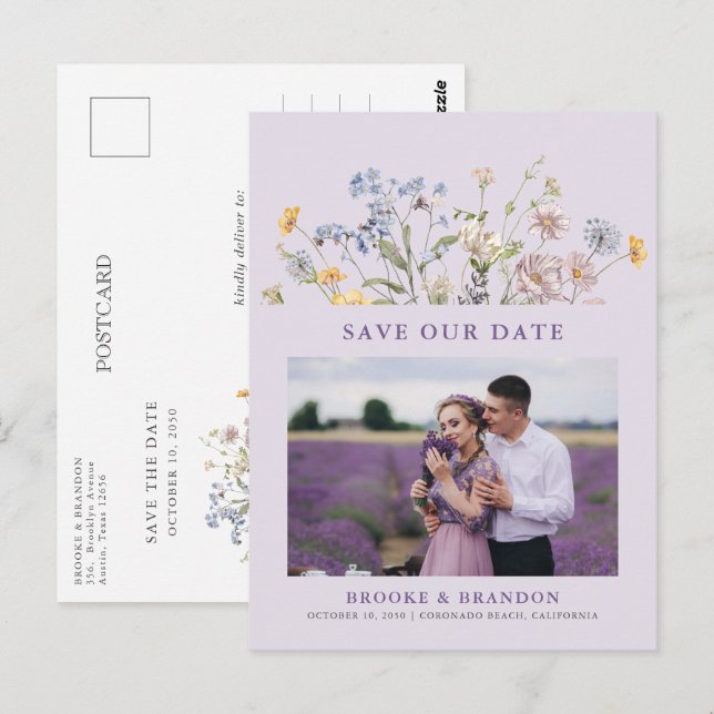 Postal Lavender Spring Wildflower Meadow  Save the Date (Anverso / Reverso)