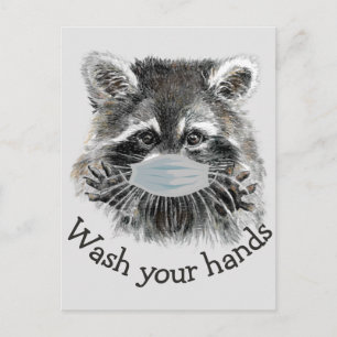 Postal Lávese las manos Covid Pandemia Cute Raccoon Cita