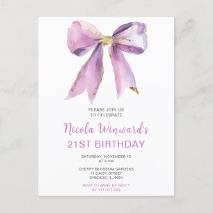 Postal Lazo de Coqueta Morado Fiesta de Cumpleaños