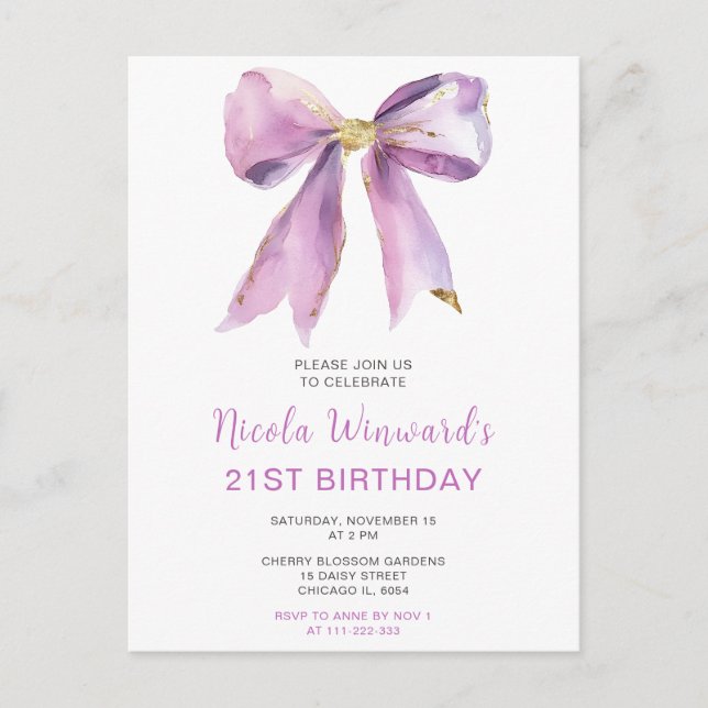 Postal Lazo de Coqueta Morado Fiesta de Cumpleaños (Anverso)
