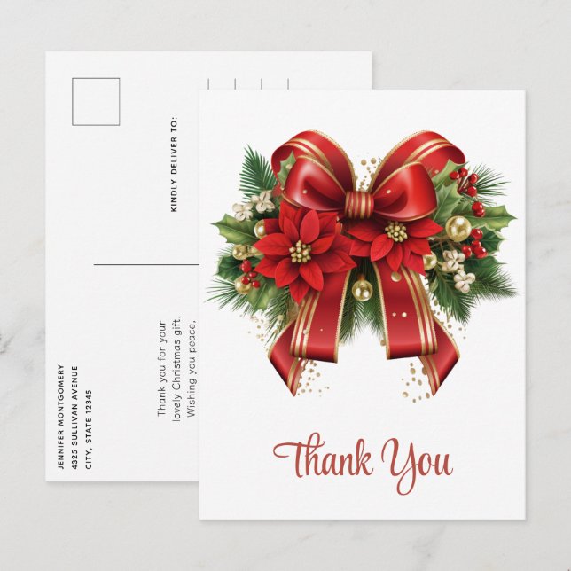Postal Lazo de Navidad Rojo y Dorado Festivo Gracias (Anverso / Reverso)