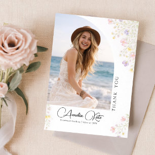 Postal Lazo Rosa Floral Foto Graduación Agradecimiento