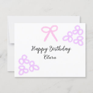Postal Lazo rosa flores moradas pastel feliz cumpleaños 