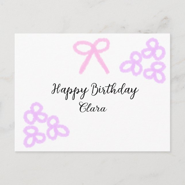 Postal Lazo rosa flores moradas pastel feliz cumpleaños  (Anverso)