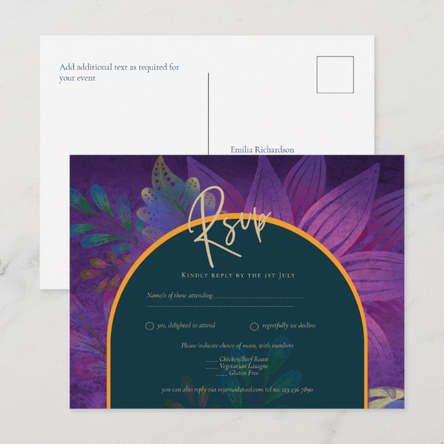 Postal LeahG Green Purple Gold JEWEL TONES Wedding INVITE (Anverso / Reverso)