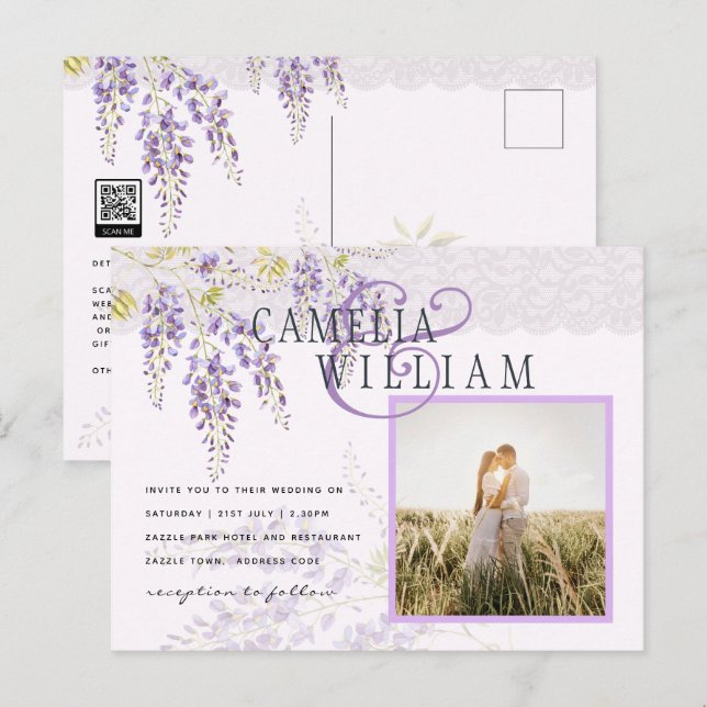 Postal LeahG Morple Wisteria Boda floral moderna (Anverso / Reverso)