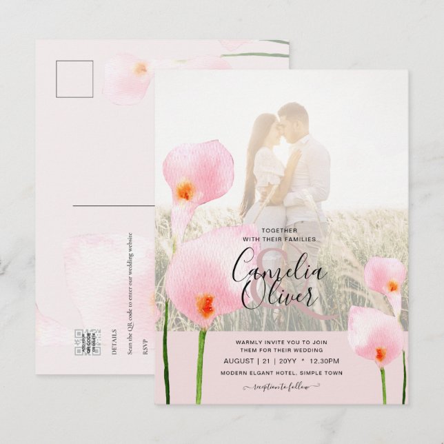 Postal LeahG Pink Calla Lily FOTO Overlay Wedte Invite de (Anverso / Reverso)