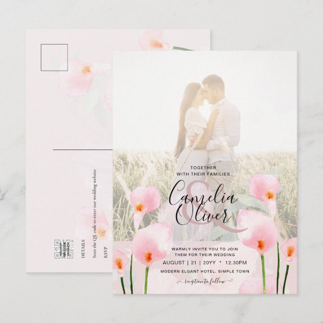 Postal LeahG Pink Calla Lily FOTO Overlay Wedte Invite de (Anverso / Reverso)