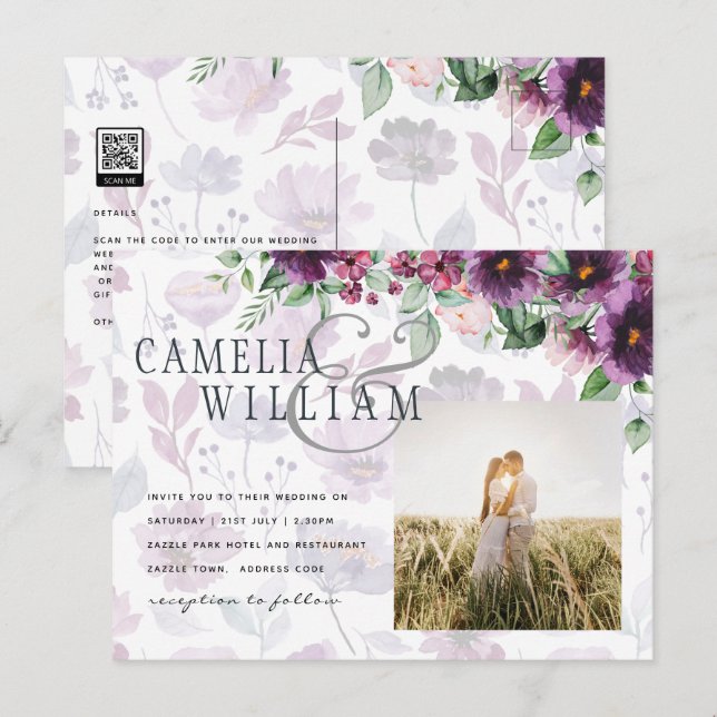 Postal LeahG Plum Purple Berry Boda Floral Caer Invierno (Anverso / Reverso)