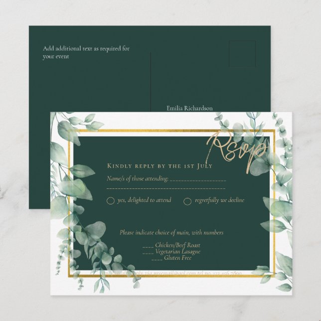 Postal LeahG Verde de Eucalipto Dorado BODA CÓDIGO QR (Anverso / Reverso)