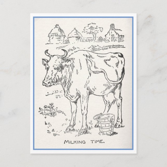 Postal Leche de granja de Ilustracion de vacas para niños (Anverso)