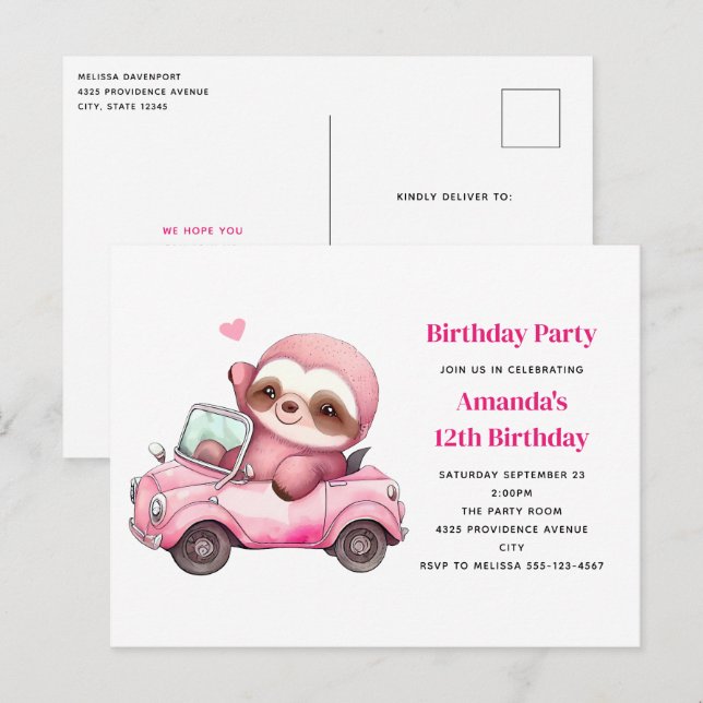 Postal Leche rosa conduciendo una fiesta de cumpleaños co (Anverso / Reverso)