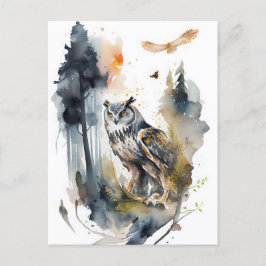 Postal Lechuza acuarela en el bosque