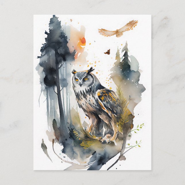 Postal Lechuza acuarela en el bosque (Anverso)