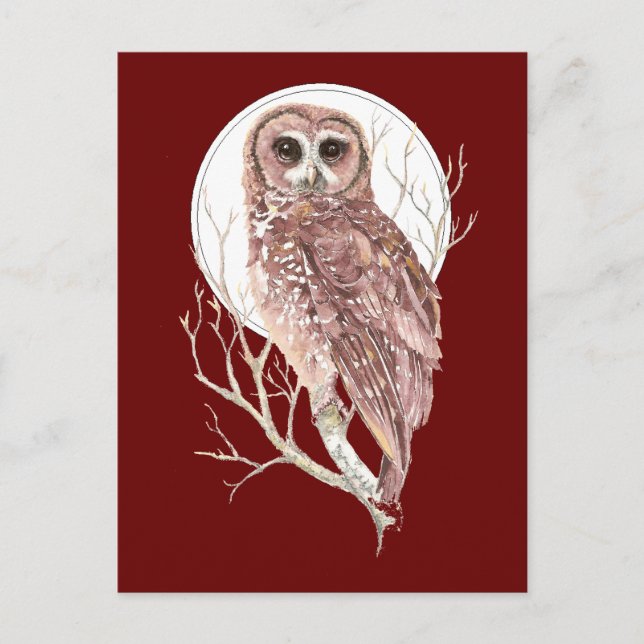 Postal Lechuza acuarela personalizado en árbol, luna, páj (Anverso)