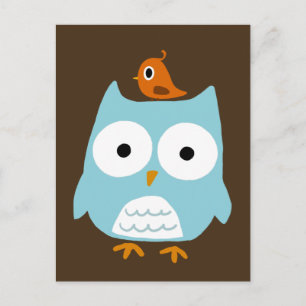 Postal Lechuza azul con pájaro pequeño Naranja