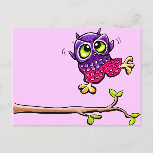 Postal Lechuza Bebé Primer Vuelo Rosa (Anverso)