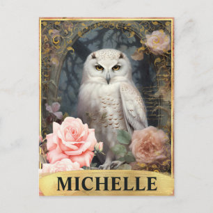 Postal Lechuza blanca de color de agua y rosas rosadas