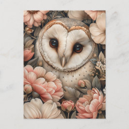 Postal Lechuza capilar y dibujo floral pastel