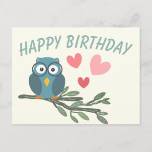 Postal Lechuza con anteojos en la rama feliz cumpleaños