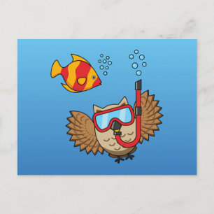 Postal Lechuza con máscara de buceo y pescado tropical