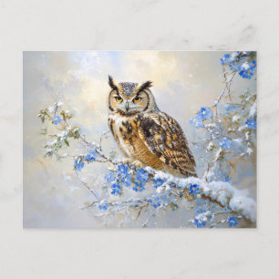 Postal Lechuza con pintura de flores azules