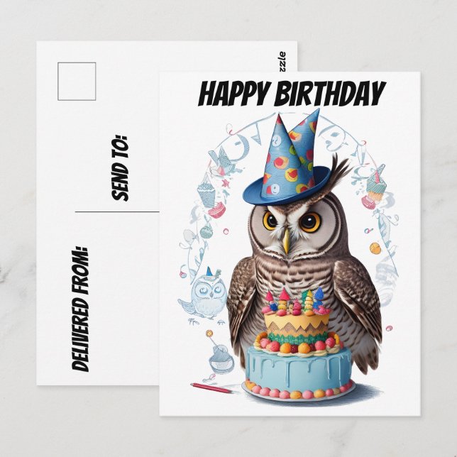 Postal Lechuza con un gorra de cumpleaños detrás del past (Anverso / Reverso)