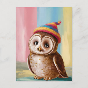 Postal Lechuza cuta en Beanie colorida