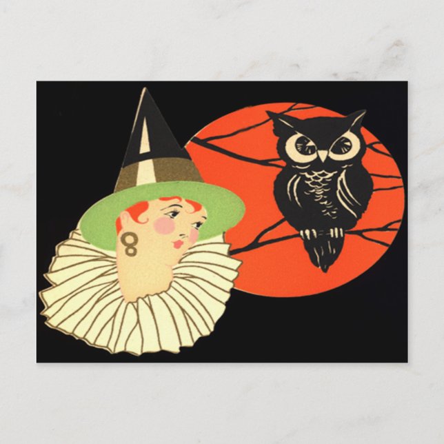 Postal Lechuza de Bruja Art Deco Luna Llena (Anverso)