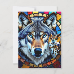 Postal Lechuza de estilo mosaico y lobo   Manteniéndose e