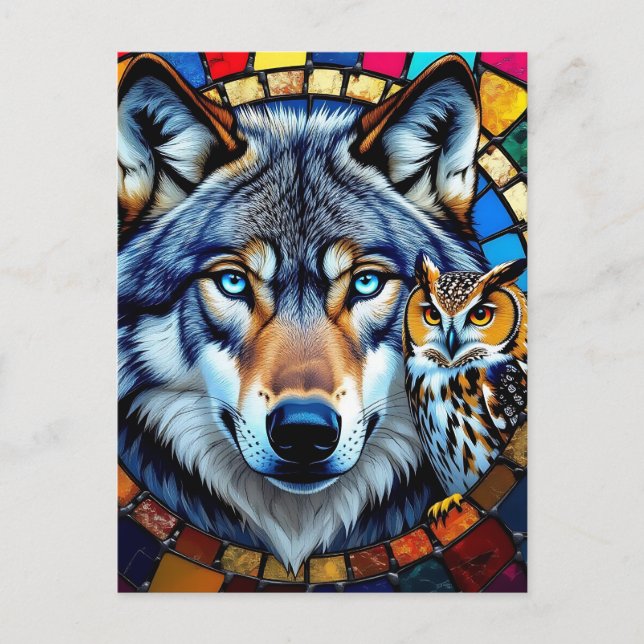 Postal Lechuza de estilo mosaico y lobo | Manteniéndose e (Anverso)