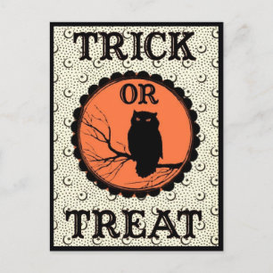 Postal Lechuza de Halloween con sabor a truco o truco