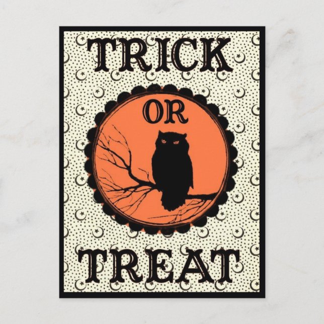 Postal Lechuza de Halloween con sabor a truco o truco (Anverso)
