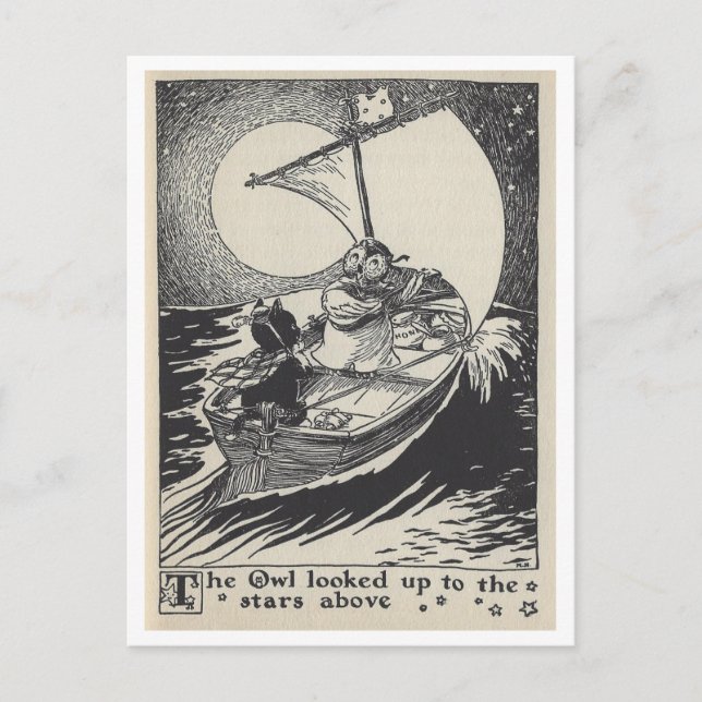 Postal Lechuza de Ilustracion de libros de época en barco (Anverso)