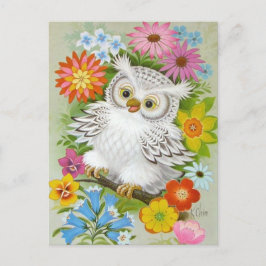 Postal Lechuza Feliz Vintage En Flores
