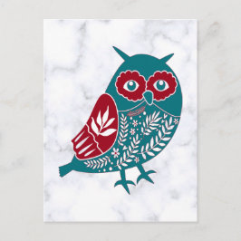 Postal Lechuza floral roja azul nórdica en mármol