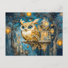 Postal Lechuza mística en un castillo de árboles en la no