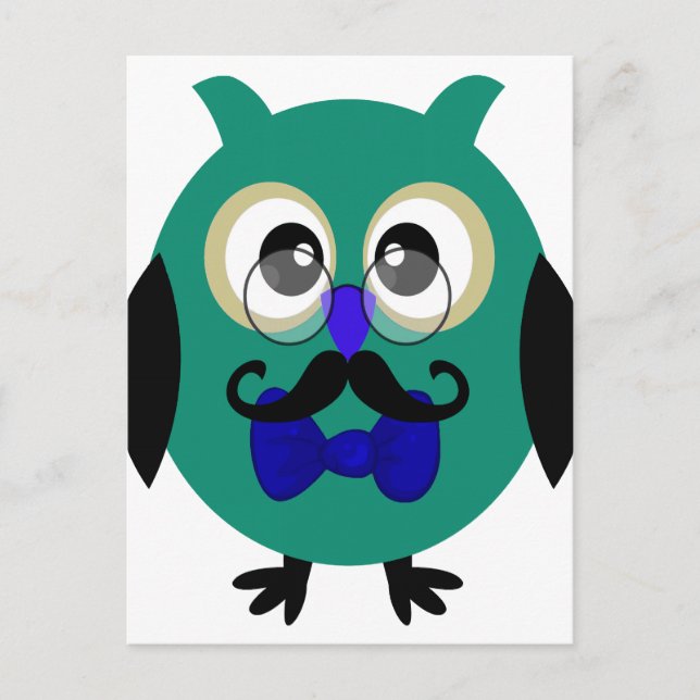 Postal Lechuza Retro con bigote y lentes (Anverso)