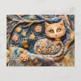 Postal Lechuza Tawny y gato en un árbol hecho en la técni