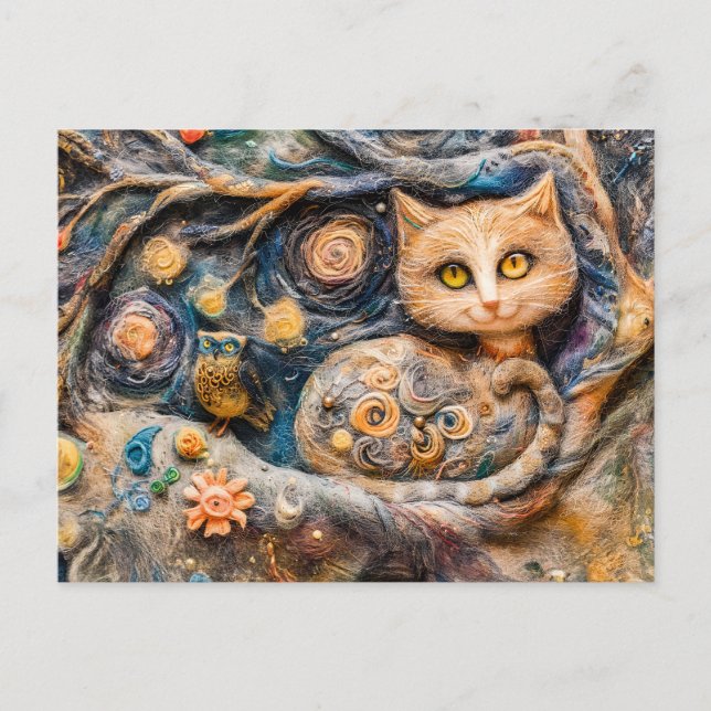 Postal Lechuza Tawny y gato en un árbol hecho en la técni (Anverso)