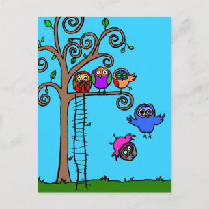 Postal Lechuzas bebés aprendiendo a volar