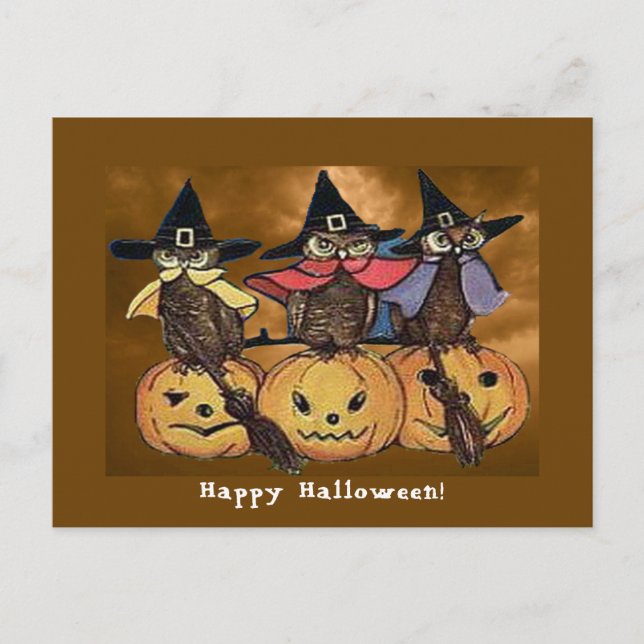 Postal Lechuzas de Halloween de época y linternas de Jack (Anverso)