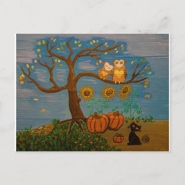 Postal Lechuzas en un árbol, girasoles, calabazas y gato  (Anverso)