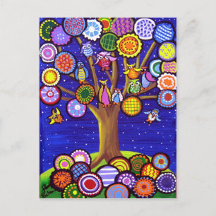 Postal Lechuzas y flores arte popular divertido