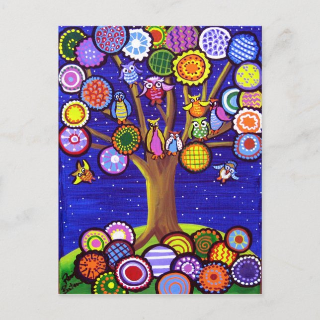 Postal Lechuzas y flores arte popular divertido (Anverso)