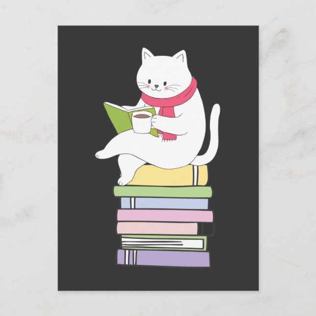 Postal Lector de libros de Kawaii, gato, amante de beber  (Anverso)
