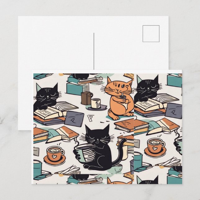 Postal Lector de libros para beber café con amor al gato (Anverso / Reverso)