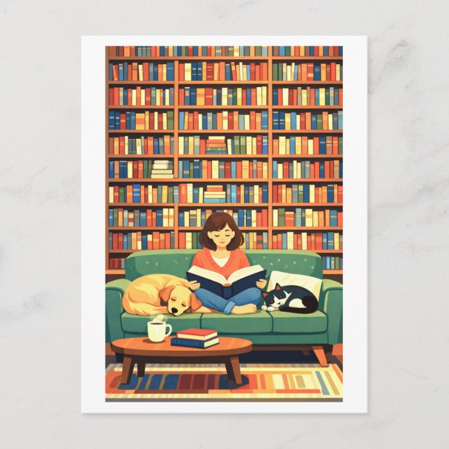 Postal Lectura con ilustración de gato y perro (Anverso)